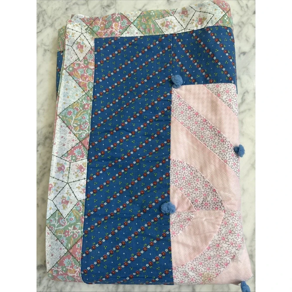 Vintage Handmade Patchwork Quilt Blue Pink Floral Calico Tied Baby Blanket 35x48